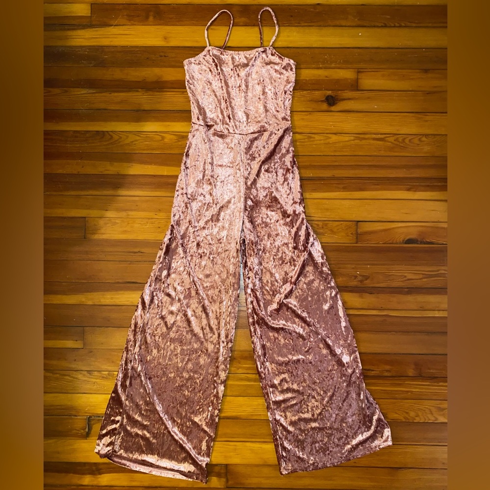 Pink Velvet Straight-Neck Jumpsuit